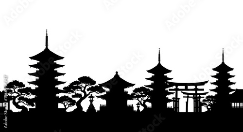 A detailed panoramic silhouette illustration featuring traditional japanese pagodas and bonsai trees