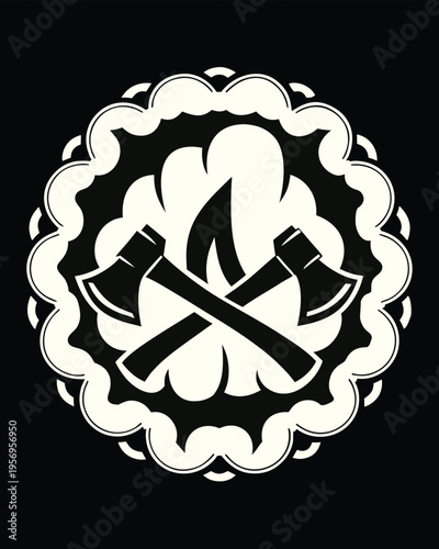 Classic crossed axes and fiery flame emblem framed by decorative scalloped border