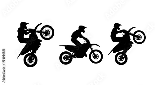 Black silhouettes of motocross riders performing various stunts on their dirt bikes in the field