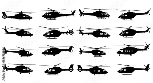 A comprehensive collection of black silhouettes representing various styles of modern helicopters
