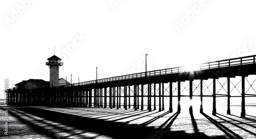 A long wooden pier extending into the sea at sunset with a tall watchtower building on the side