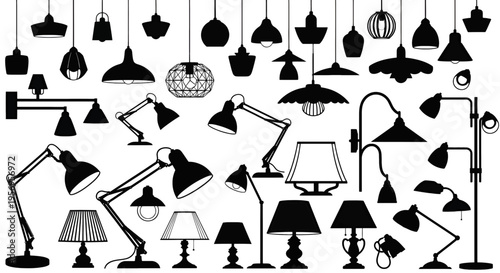 A comprehensive collection of various interior lighting fixtures including lamps and chandeliers