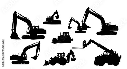 A collection of black silhouettes featuring various heavy construction machinery and earthmovers