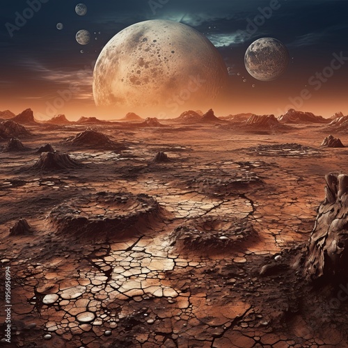 Surreal Alien Landscape with Massive Moons and Cracked Terrain in Sci-Fi Concept Art