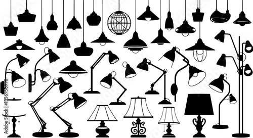 A comprehensive collection of various ceiling pendant lights and modern desk lamp silhouettes