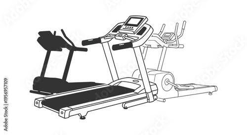 Line art illustration of a treadmill with a running figure silhouette