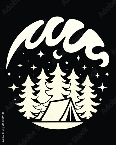 Minimalist outdoor camping adventure under a starry night sky with moon and forest trees