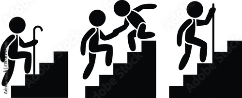 Illustration of progressive stages of climbing stairs with assistance