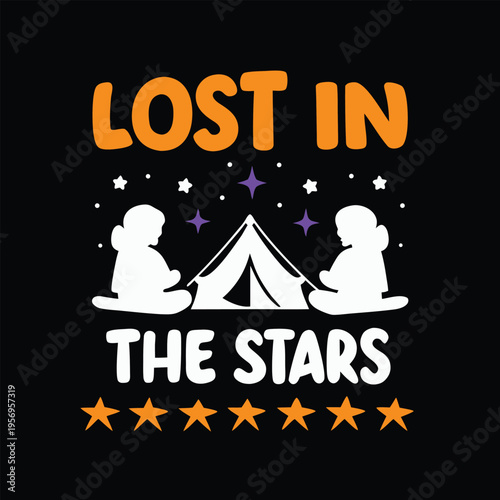 Lost in the Stars camping design with people sitting by a tent under night sky