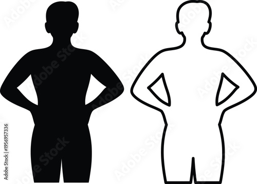 Contrast between clothed and unclothed human silhouettes with hands on hips