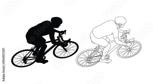 Two cyclists riding road bikes one in stark contrast silhouette