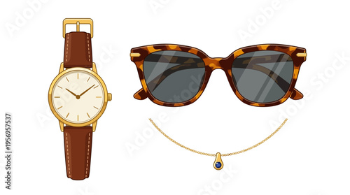 Watch sunglasses and gold necklace accessories.