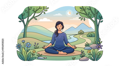Woman in blue meditates peacefully outside.