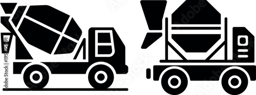 Two types of cement mixer trucks illustrated in black and white
