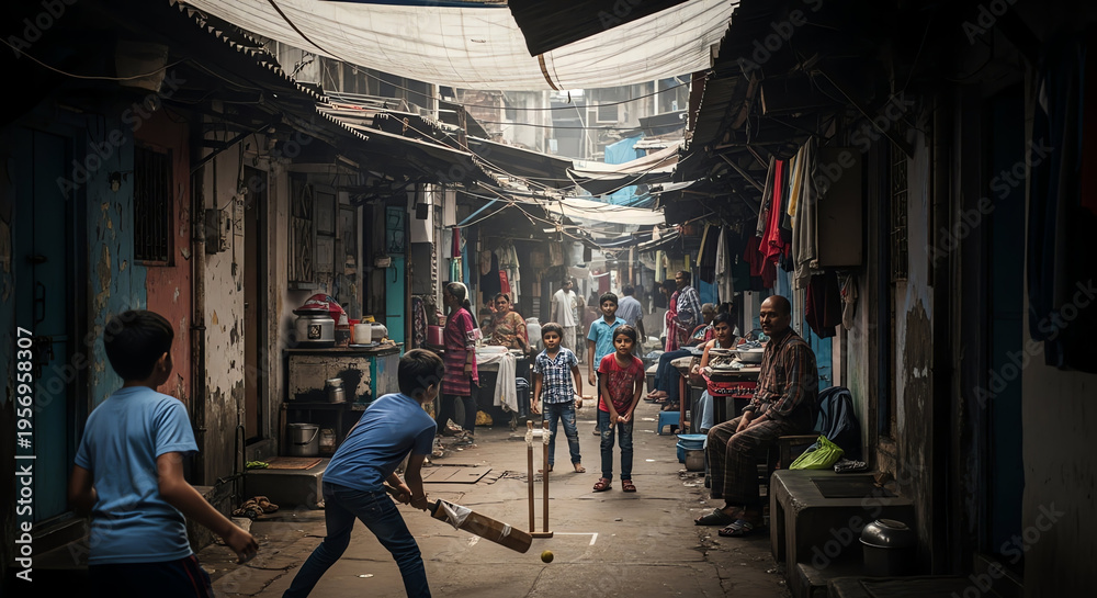 Fototapeta premium Busy street scene with children playing and vendors in a vibrant urban neighborhood.