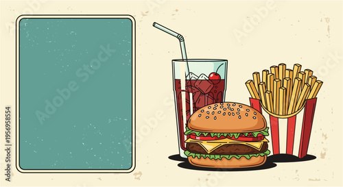 A retro-style illustration featuring a classic fast-food meal with a hamburger, french fries, and a soda next to a blank teal sign.