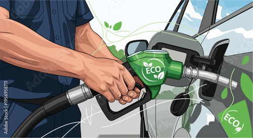 A person refueling a car with an eco-friendly green fuel pump nozzle, emphasizing environmental consciousness and sustainable transport.