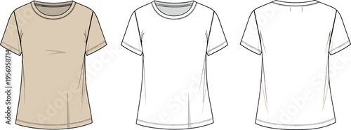 Women Crew Neck Short Sleeve T-Shirt Technical Flat Sketch Template Front and Back View Fashion Illustration Vector for Garment Design