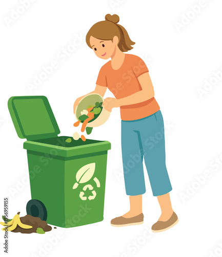 Woman Disposing Organic Kitchen Waste into Green Bin Flat Vector Illustration