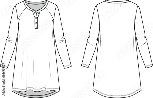 Women's Long Sleeve Raglan Henley Tunic Dress Technical Flat Sketch Template Front and Back View White Fashion Vector Illustration Design