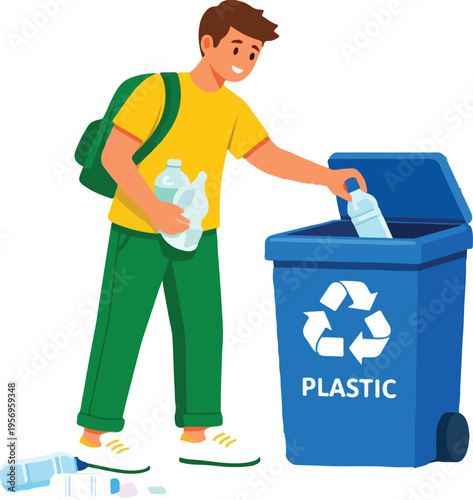 Person Disposing Plastic Waste Properly into Recycling Bin Flat Vector Illustration