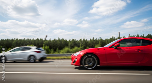 Two cars are speeding down a highway with trees in the background under a cloudy sky