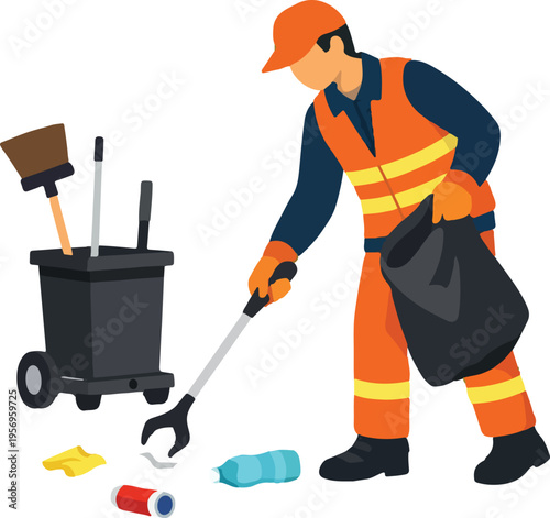 Professional Street Cleaner Collecting Urban Litter with Tool Flat Vector Illustration