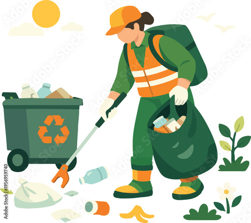 Professional Sanitation Worker Cleaning City Street Flat Vector Illustration
