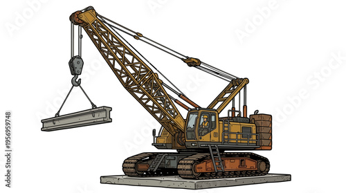 Yellow construction crane machine lifting beam.