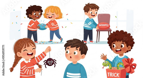Excited children playing pranks and party games a boy whispers into a girl's ear a girl holds a spider toy a boy prepares a snake trick from a box and two kids pass a ball