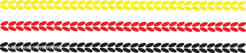 Three rows of repeating leaf shapes in yellow red and black colors forming decorative borders on transparent background Textile patterns for embroidery or fabric prints Graphic design elements
