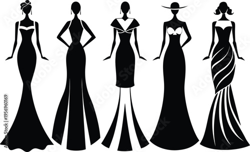 Five elegant black and white dress silhouettes.