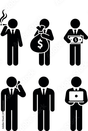 Six icons depicting various professional business stereotypes and activities