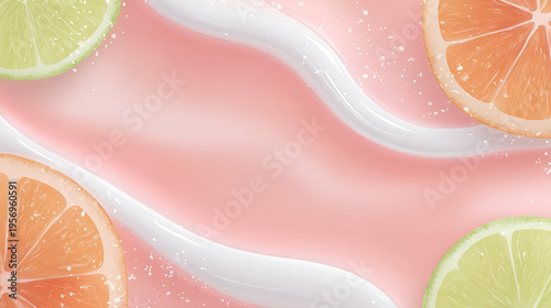 Abstract background featuring swirls of pink and white cream textured with citrus slices of orange and lime. A fresh, cosmetic-inspired aesthetic emphasizing Vitamin C and hydration.