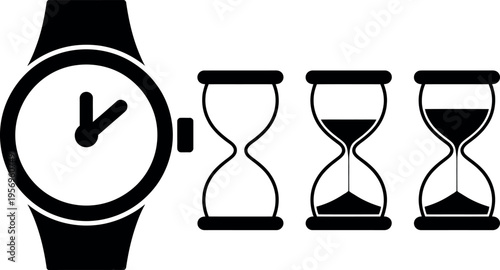Wristwatch and hourglass icons representing time measurement and progression