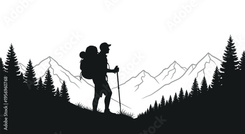 Hiker with backpack traverses a mountainous landscape black silhouette