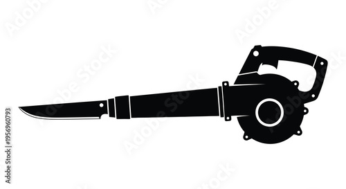 A black silhouette of a leaf blower transformed into a knife silhouette