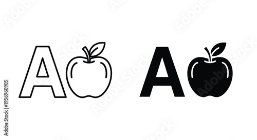 Simple graphic of letters and apples contrasting styles black and white silhouette