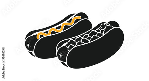 Two hot dogs with different toppings shown in black silhouette