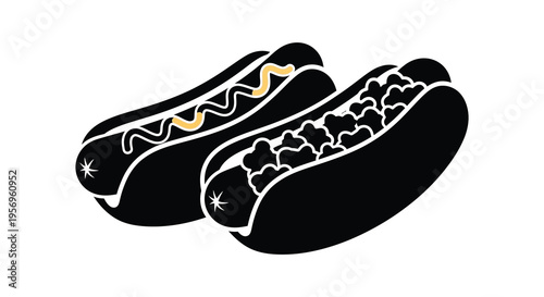 Two hot dogs with toppings shown in a stark silhouette