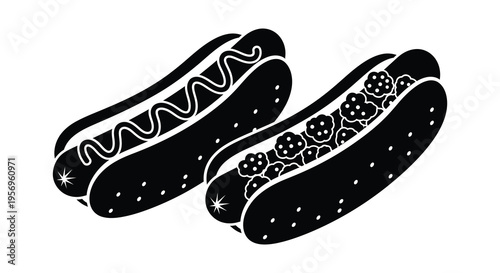 Two hotdogs with toppings depicted in a striking black silhouette