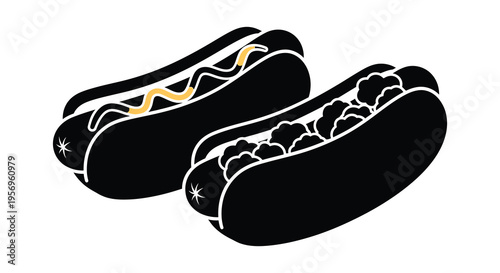 Two hot dogs with toppings depicted in a dark silhouette