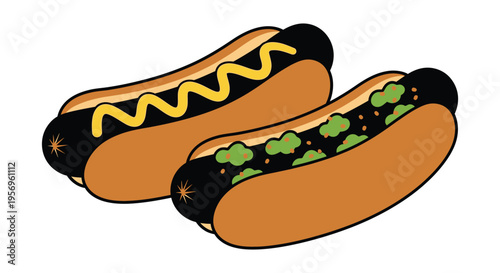 Two cartoon hot dogs with toppings a playful graphic silhouette