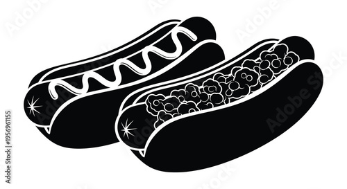 Two hotdogs with toppings displayed in a stark black silhouette
