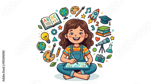 Young girl sitting with school supplies.