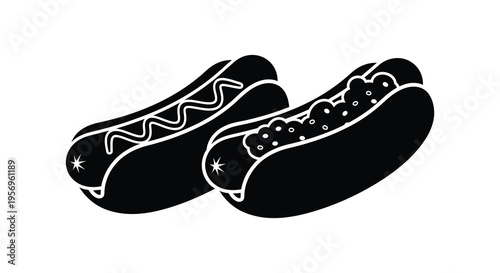 Two hot dogs with toppings presented in a stark silhouette