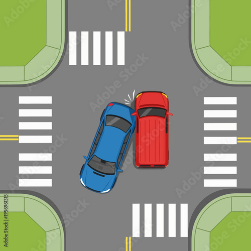 Car accident at intersection: blue and red cars collide at crosswalk