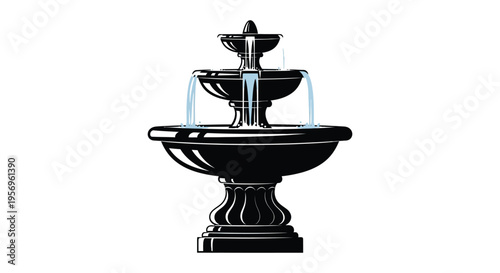 Elegant tiered fountain depicted in a striking black silhouette