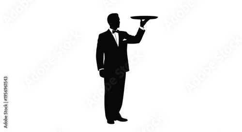 A formal waiter presents a tray in a striking silhouette