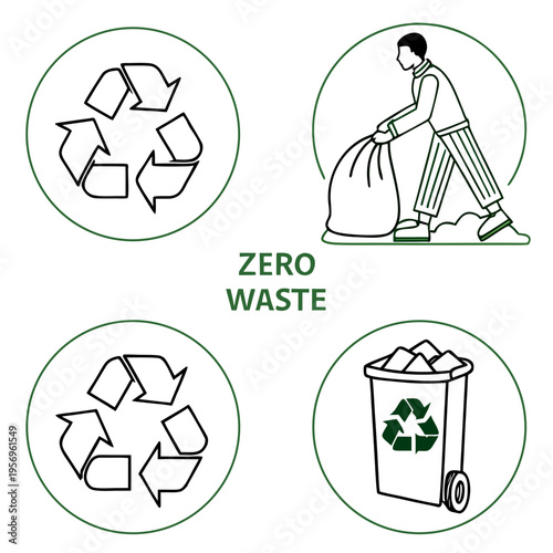 Zero waste with recycling symbols and a person holding a trash bag recycle reuse reduce